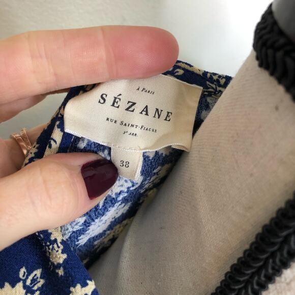 Sezane Dress Asianne Cara Antique Floral Wrap Mini Navy Blue Ruffle French 38 - Picture 2 of 13